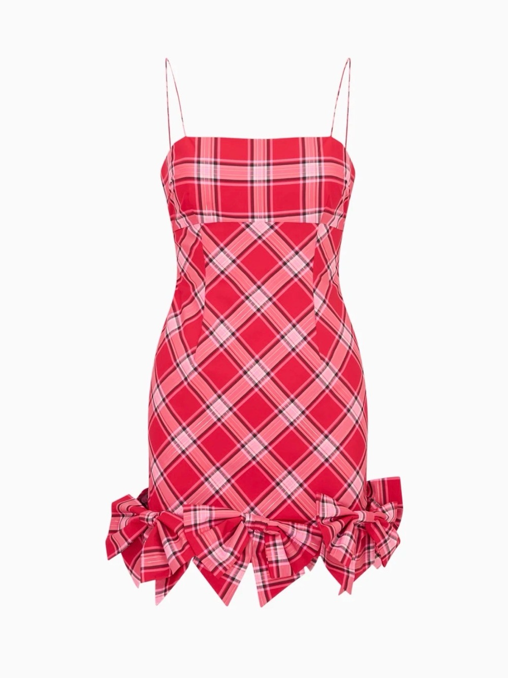 LoveShackFancy Red Plaid Mini Dress with Bow-Hem